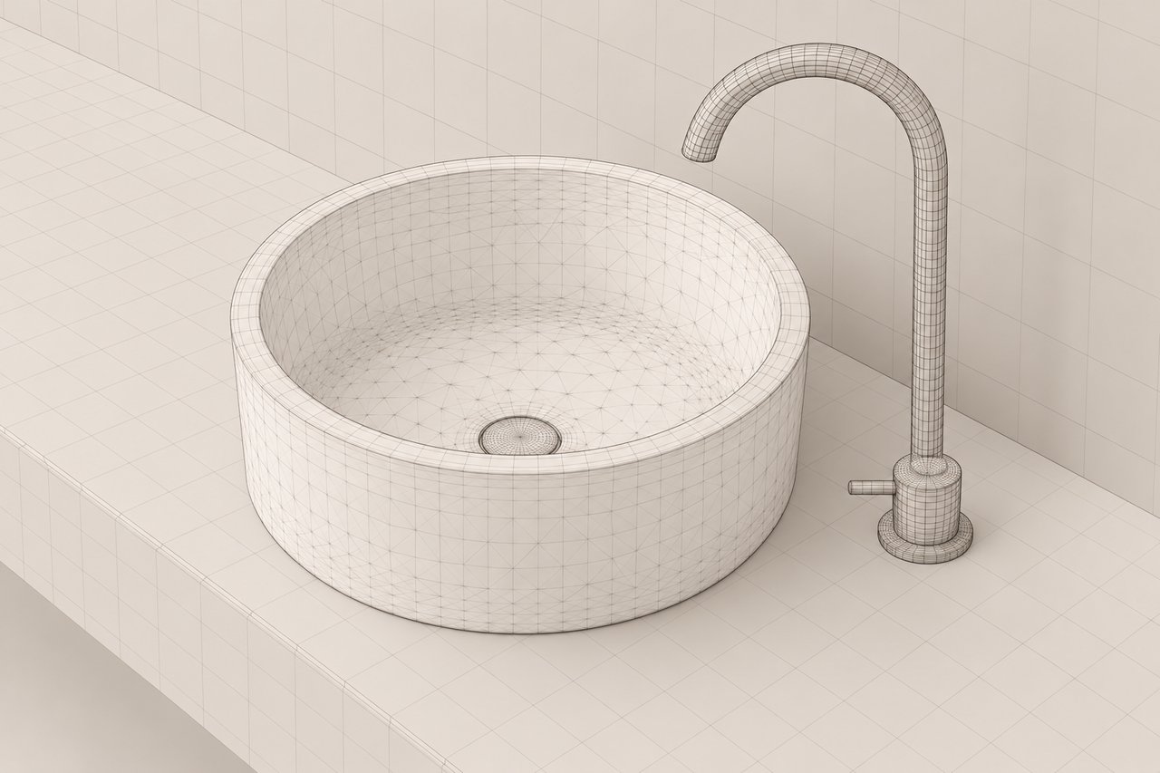 Drahtmodell von Waschbecken und Armatur
