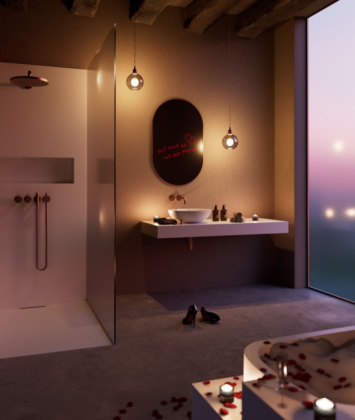 Modernes-Badezimmer-mit-Waschbecken-und-Dusche-aus-Mineralwerkstoff-und-stimmungsvollem-Lichtdesign