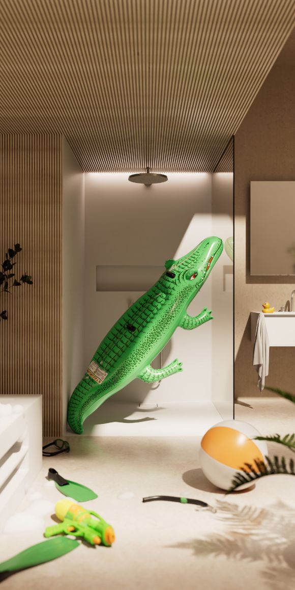 Helles-Badezimmer-mit-Waschbecken-und-Dusche-aus-Mineralwerkstoff-und-gruenem-aufblasbarem-Krokodil-in-der-Dusche