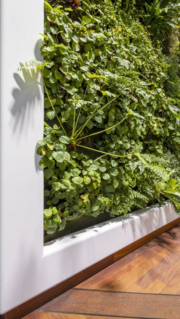 Hochformative-Nahaufnahme-der-lebenden-gruenen-Wand-eingefasst-von-einem-weissen-Corian-Rahmen-und-Holzfussboden-bei-Depesche Hochformative-Nahaufnahme-der-lebenden-gruenen-Wand-eingefasst-von-einem-weissen-Corian-Rahmen-und-Holzfussboden-bei-Depesche