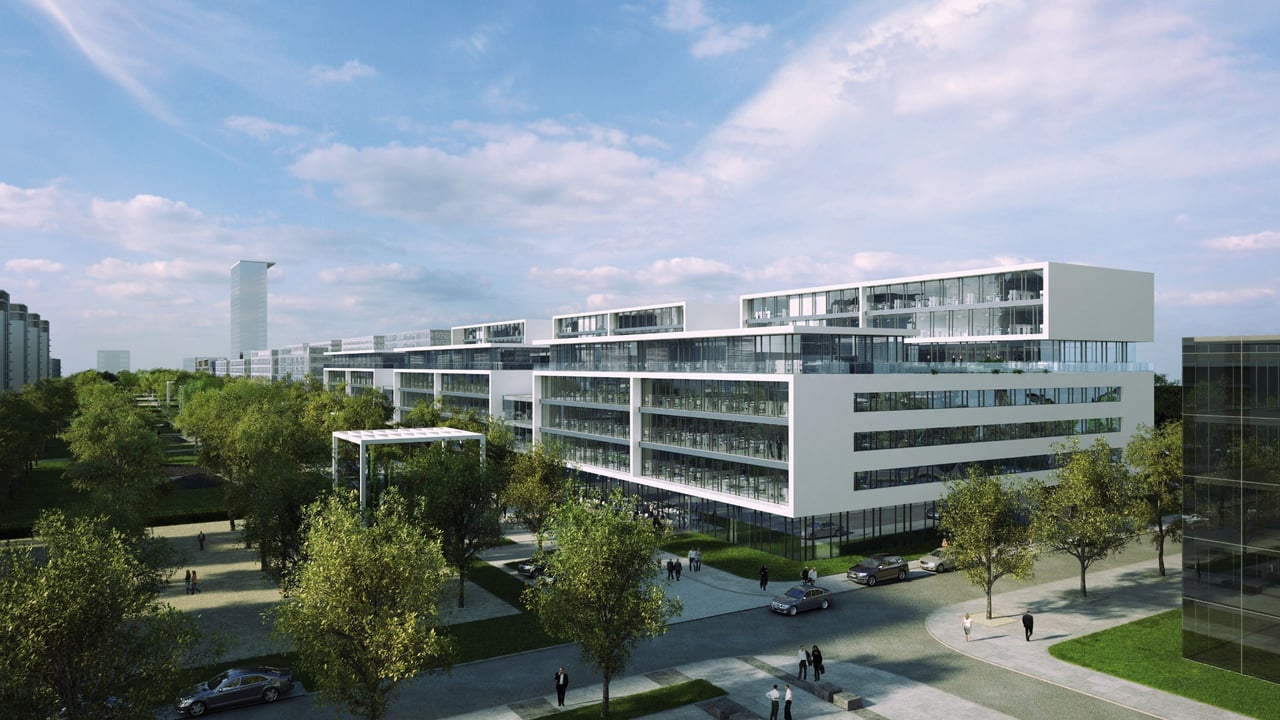 Microsoft-Gebaeudekomplex-Parkseite-mit-Corian-Seitenwaenden