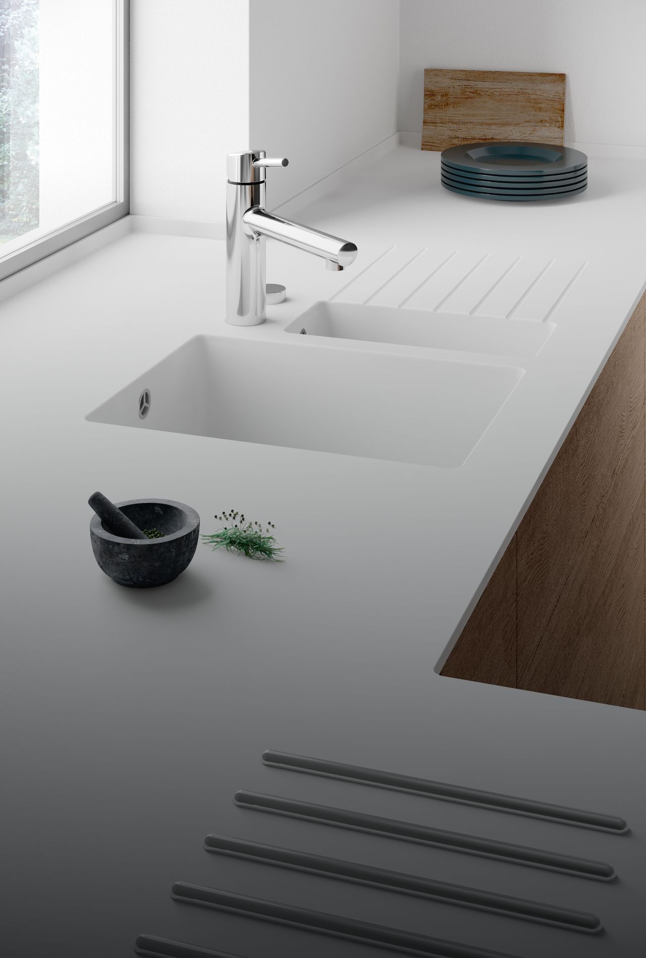 Weisse-Mineralwerkstoff-Arbeitsplatte-mit-integrierter-Spuele-und-modernem-Wasserhahn