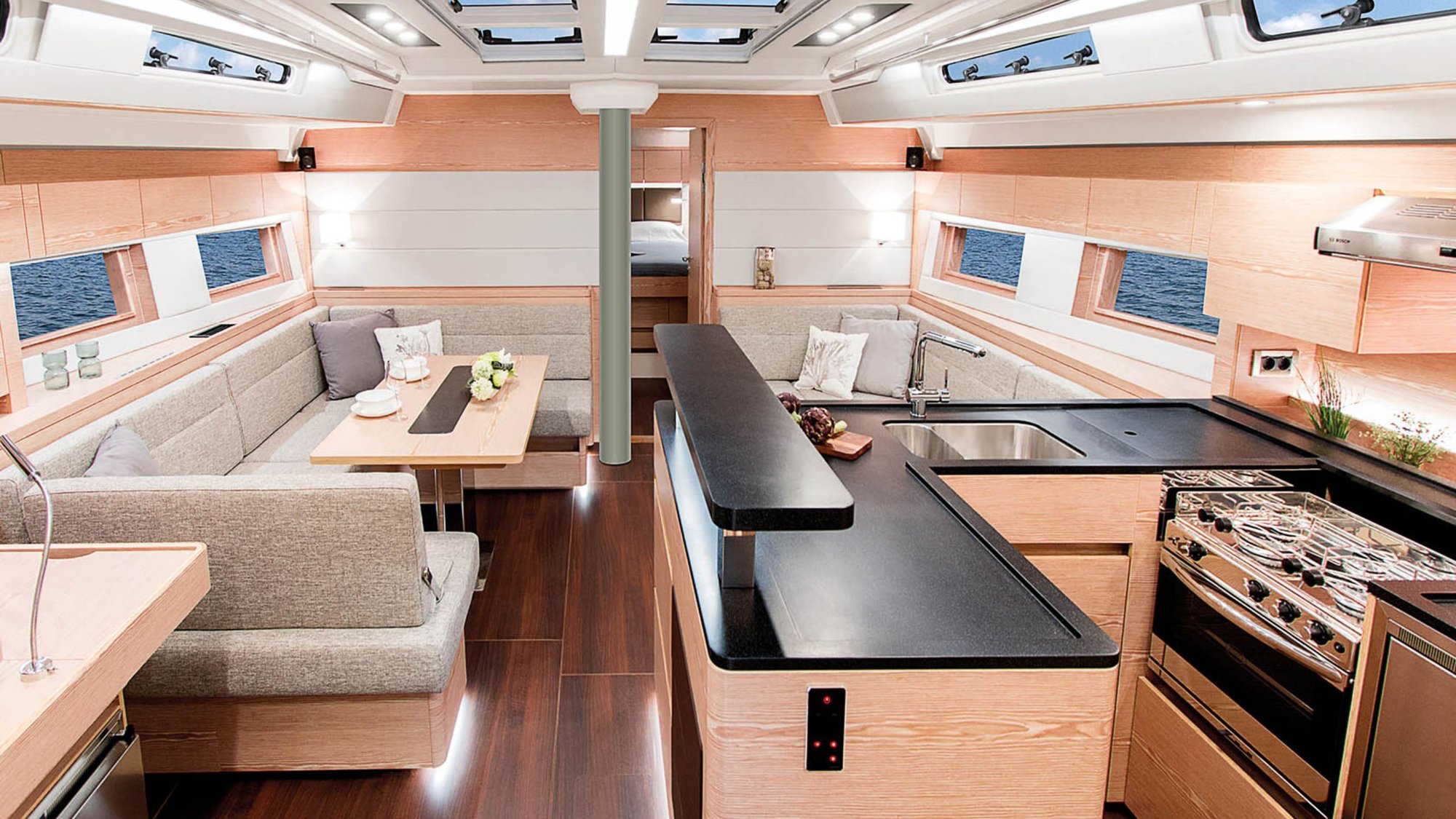 Luxurioeser-Yachtinnenraum-mit-Corian-Arbeitsplatte-und-Essbereich-auf-HanseYacht Luxurioeser-Yachtinnenraum-mit-Corian-Arbeitsplatte-und-Essbereich-auf-HanseYacht