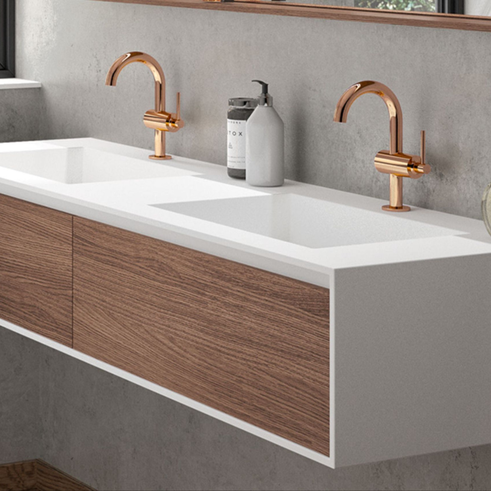 Darstellung eines Waschtisches mit 2  Unterbaucbecken und Holzschubladen