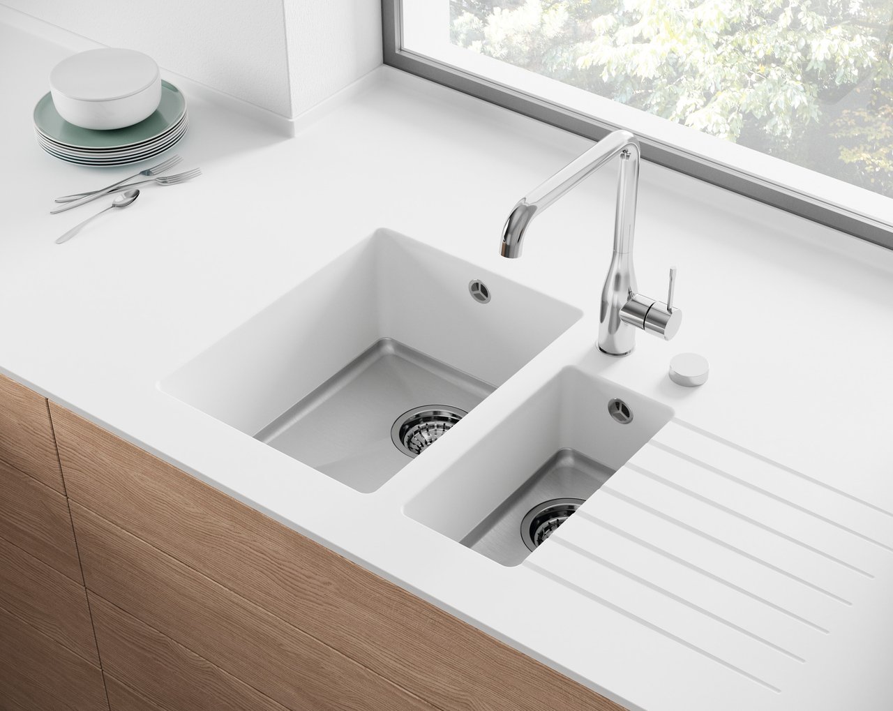 zweigeteilte-kuechenspuele-von-hasenkopf-mit-weißer-arbeitsplatte