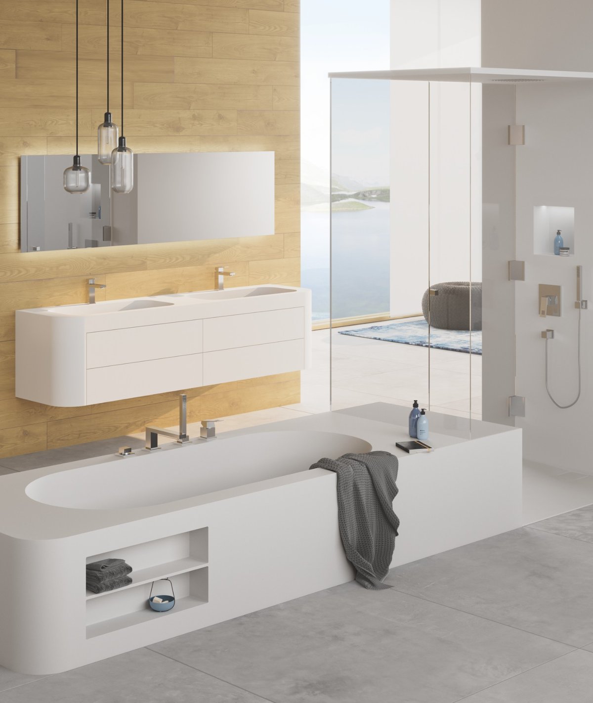 Modernes-Badezimmer-mit-Eingebksaute-Badewanne-aus-weissem-Mineralwerkstoff-und-Waschtisch-Holzverkleidung-und-großer-Glasdusche