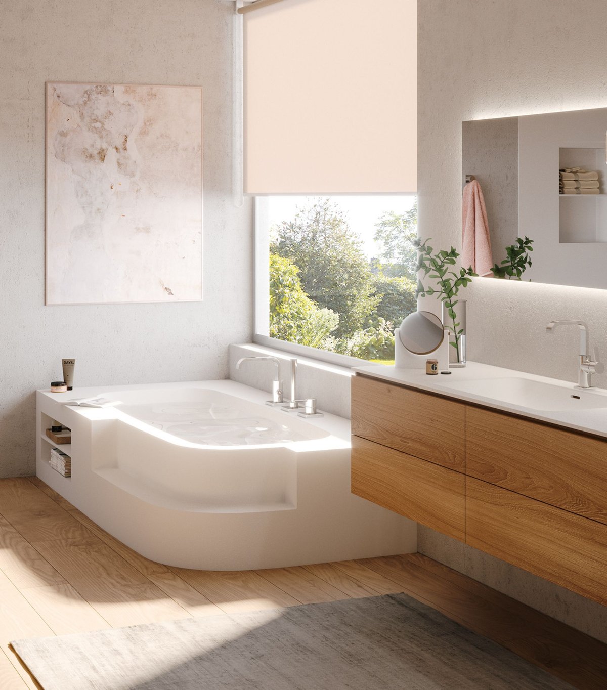 Helles-Badezimmer-mit-Badewanne-und-Waschtisch-aus-weissem-Mineralwerkstoff-und-Holzfronten-vor-grossem-Fenster