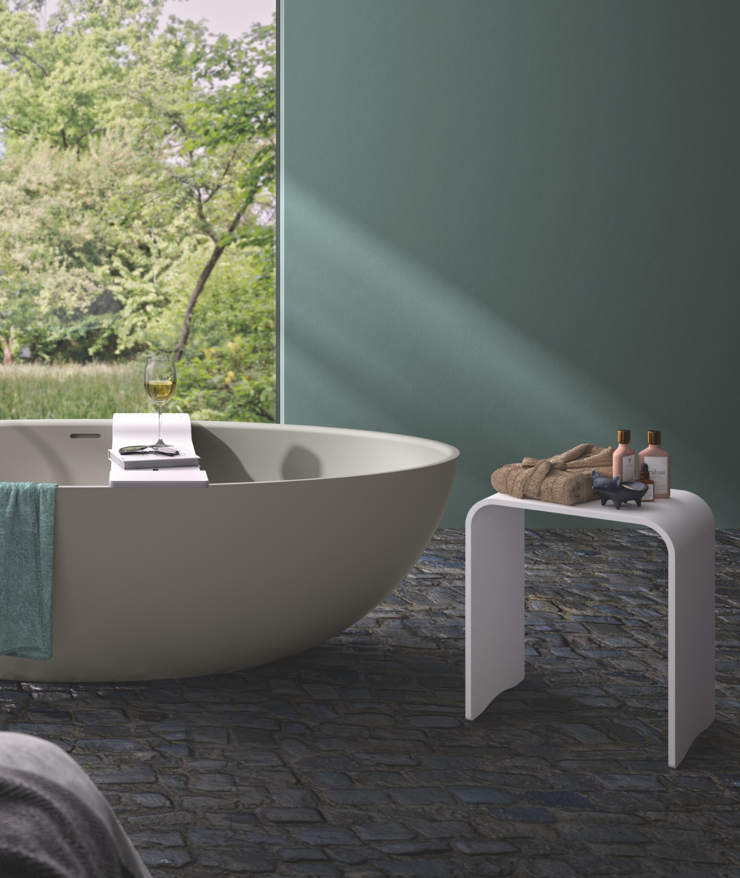 Weiß-Badezimmerhocker-neben-freistehender-Badewanne Weiß-Badezimmerhocker-neben-freistehender-Badewanne