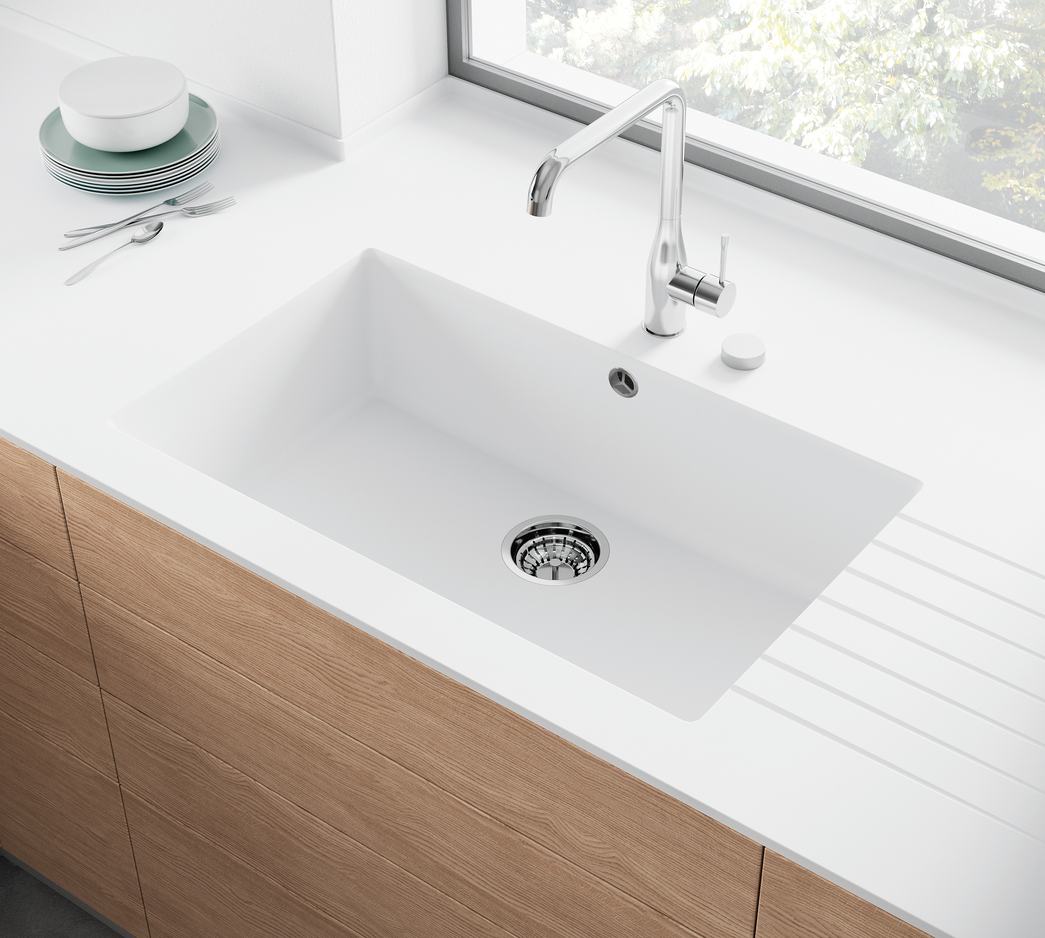 Eckige Spüle aus Corian®-Mineralwerkstoff | Hasenkopf